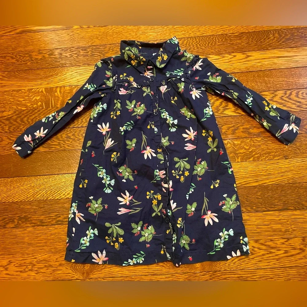 Baby GAP Navy Strawberry Print Long Sleeve Cotton Collared Shirt Dress Size 4